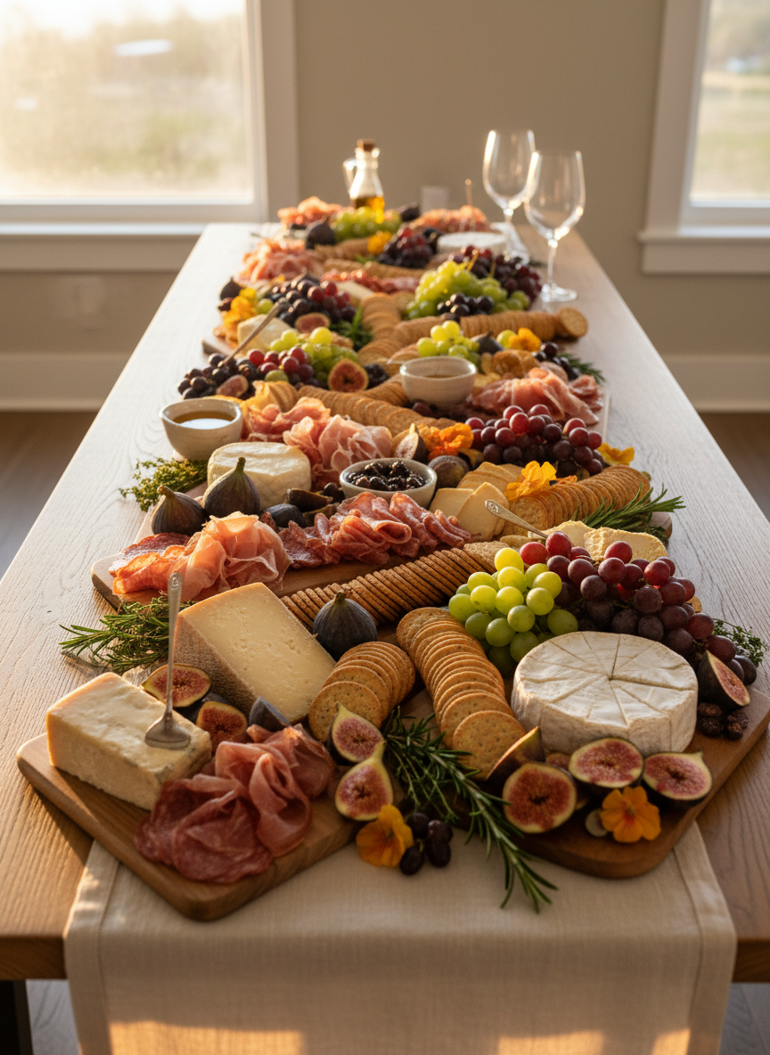 A lavish, fully styled charcuterie grazing table stretching across a long, natural oak dining table, covered in an ivory linen runner. Abundant boards display ribbons of prosciutto and salami, wedges of aged cheddar and creamy brie, clusters of glistening grapes, figs split to reveal jewel-toned centers, and neatly fanned crackers. Fresh herbs, edible flowers, and small bowls of olive tapenade add refined detail. Soft golden hour sunlight filters in from a nearby window, casting gentle highlights on glossy fruit and polished glassware. Photographed from a slightly elevated angle with sharp focus throughout, the composition feels balanced, sophisticated, and inviting, in crisp photographic realism for a premium event catering website hero image.