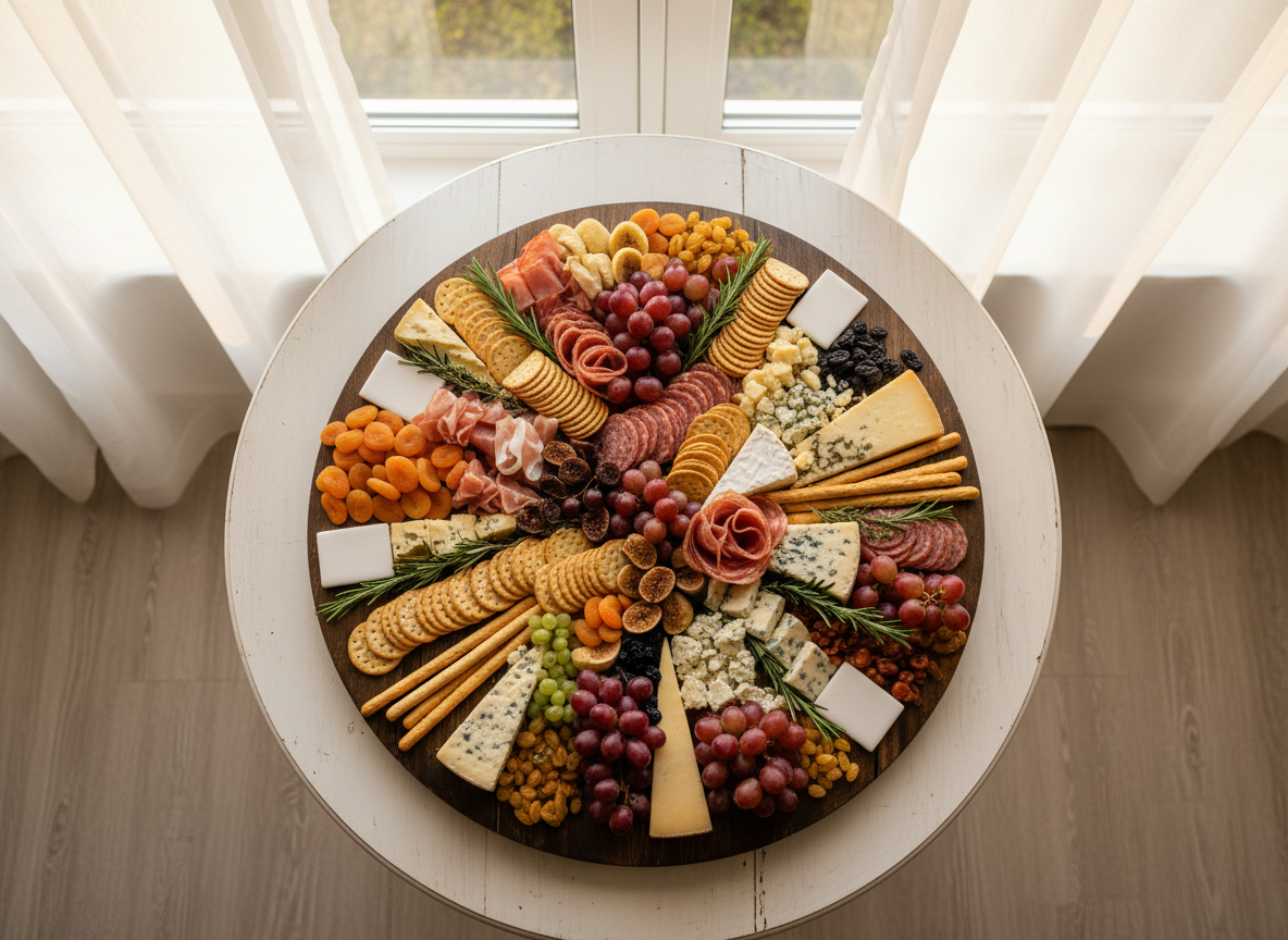An intimate, grazing table for a small gathering styled on a round, whitewashed wooden table, set near a large window with sheer curtains. A single, oversized round charcuterie board in the center is densely layered with carefully folded meats, sliced cheeses, dried fruits, crackers, and fresh herbs, with tiny chalkboard-style markers replaced by elegant, blank ceramic tiles for a text-free look. Soft afternoon light filters through the curtains, creating a gentle, diffused glow and subtle shadows that enhance texture without harshness. Captured from directly overhead in a clean, flat-lay composition, the image feels curated, calm, and sophisticated, highlighting the artistry of the arrangement and the freshness of every ingredient in realistic photographic detail.