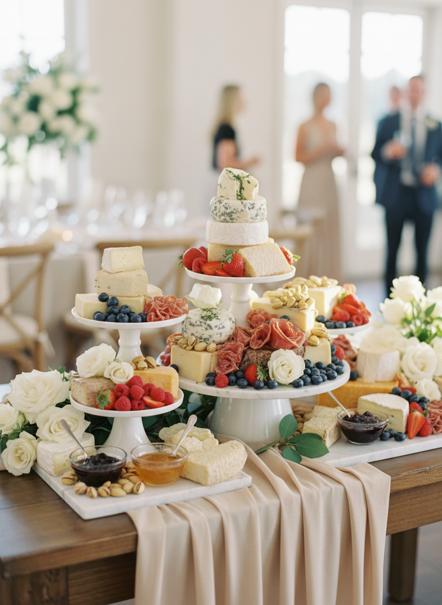 An elegant, wedding-inspired charcuterie display arranged on cascading white pedestal stands and marble boards atop a soft champagne-colored tablecloth. Delicate stacks of artisan cheeses, thinly sliced cured meats, and fresh berries are interwoven with white roses, eucalyptus sprigs, and small glass dishes of honey and fig jam. A minimalist, semi-blurred background suggests a bright reception space with neutral decor. Diffused natural daylight creates a luminous, romantic glow, emphasizing the freshness and color of the ingredients. Captured at eye level with a gentle depth of field, the foreground details are crisp while the backdrop melts into a soft bokeh, conveying a sophisticated, timeless atmosphere in photographic realism.