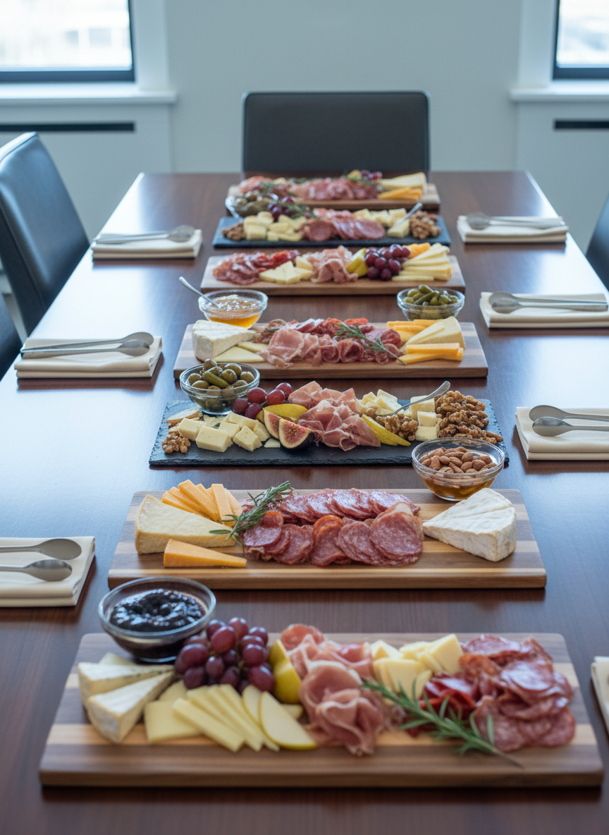 A refined corporate event charcuterie station set on a sleek, dark wood conference table, styled with understated luxury. Rectangular slate and acacia boards display neatly organized rows of cheeses, charcuterie, olives, cornichons, and seasonal fruit, each section separated by small sprigs of rosemary. Minimalist glass bowls hold spreads and nuts, while folded linen napkins and simple metal tongs are positioned precisely. Cool, even overhead lighting and subtle window light combine to create a clean, professional atmosphere. Photographed from a slightly elevated, wide-angle perspective with crisp, edge-to-edge sharpness, the image emphasizes order, quality, and modern sophistication in realistic, high-end photographic style.