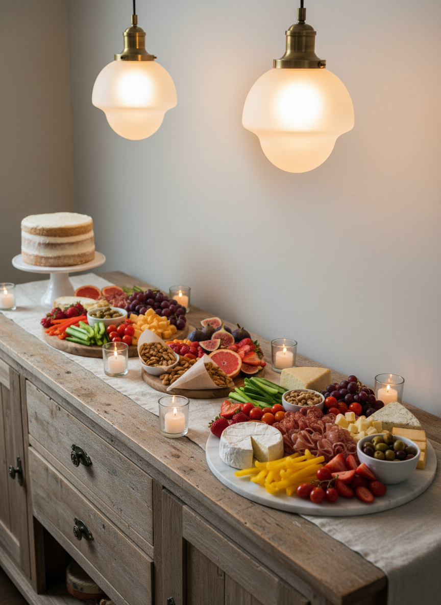 A cozy, birthday celebration grazing table styled on a rustic wooden sideboard, adorned with a linen runner and small votive-style glass candleholders. Artfully arranged boards overflow with colorful sliced fruits, vibrant vegetables, soft and hard cheeses, rolled charcuterie, and neatly folded parchment cones of nuts and crackers. A simple, undecorated layer cake on a white stand anchors one end of the spread. Warm pendant lighting from above casts a soft, flattering glow, creating subtle highlights on glossy berries and smooth ceramic dishes. Shot from a three-quarters angle with rule-of-thirds composition, the mood is polished yet welcoming, with photographic realism that showcases thoughtful details and ingredient freshness.
