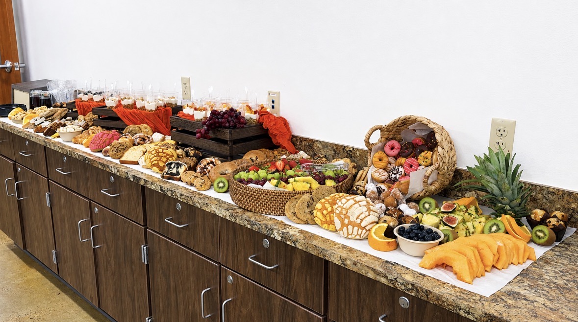 Alternate angle of a large grazing table at an event
